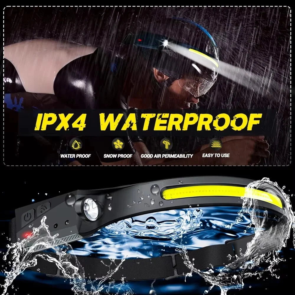 Wave Sensor LED Headlamp | 230° Wide Beam | USB Rechargeable | Waterproof